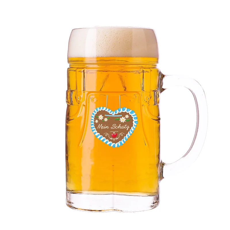 Bierkrug in Lederhosenoptik personalisiert mit Name und Lebkuchenherz Motiv | Bierglas 0,5l