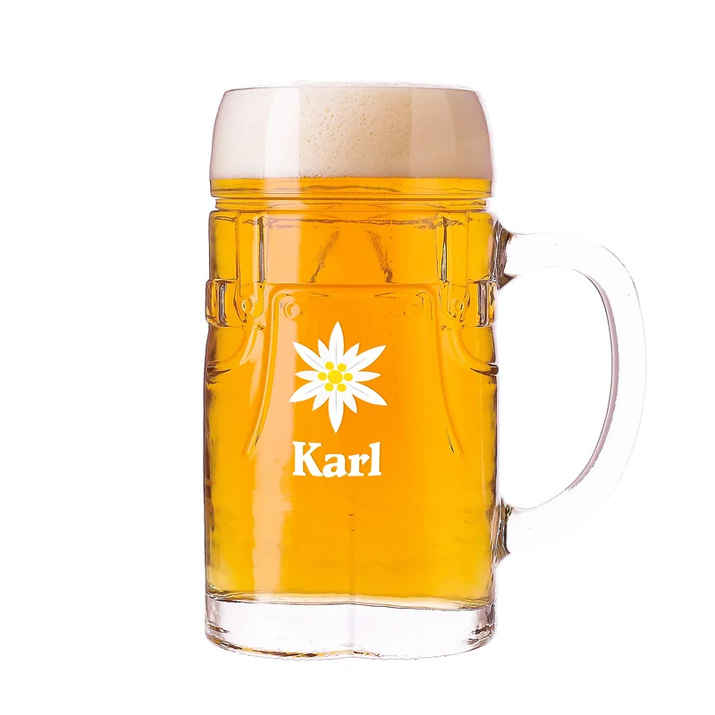 Personalisierter Bierkrug im Lederhosen Design mit Edelweiß Motiv | Bierglas mit Name 0,5l