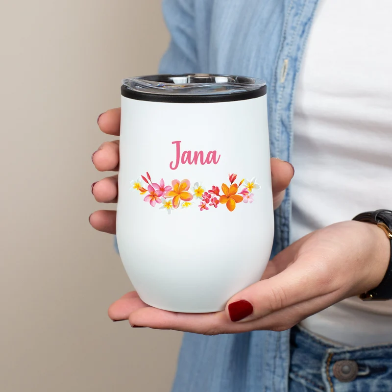 Thermobecher personalisiert mit Name und Blumenmotiv in schwarz oder weiß | Geschenk für Frauen