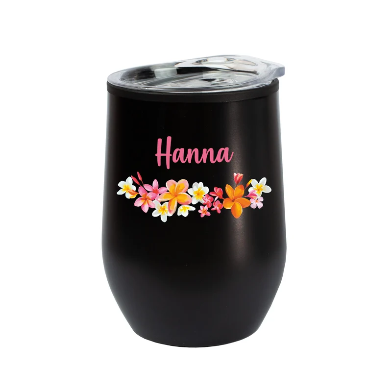 Thermobecher personalisiert mit Name und Blumenmotiv in schwarz oder weiß | Geschenk für Frauen