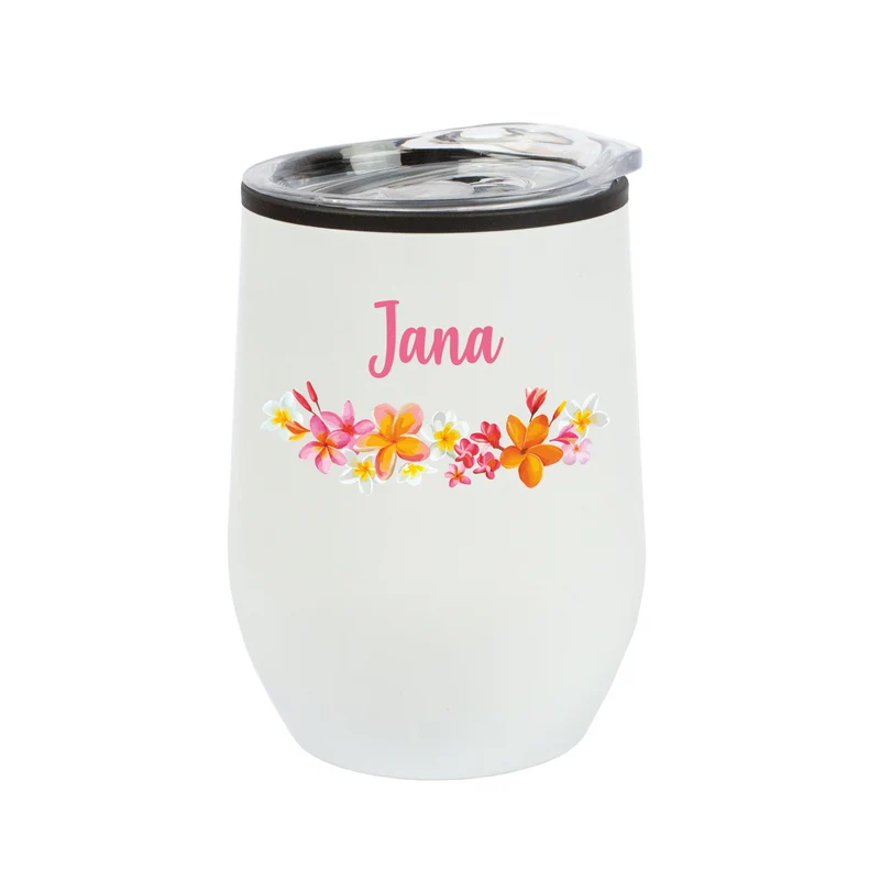 Thermobecher personalisiert mit Name und Blumenmotiv in schwarz oder weiß | Geschenk für Frauen