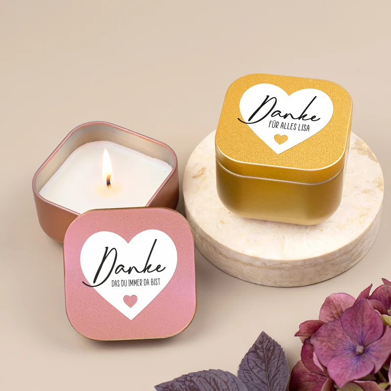 Duftkerze mit Vanilleduft als personalisiertes Dankeschön Geschenk mit Herz in Gold oder Rosé