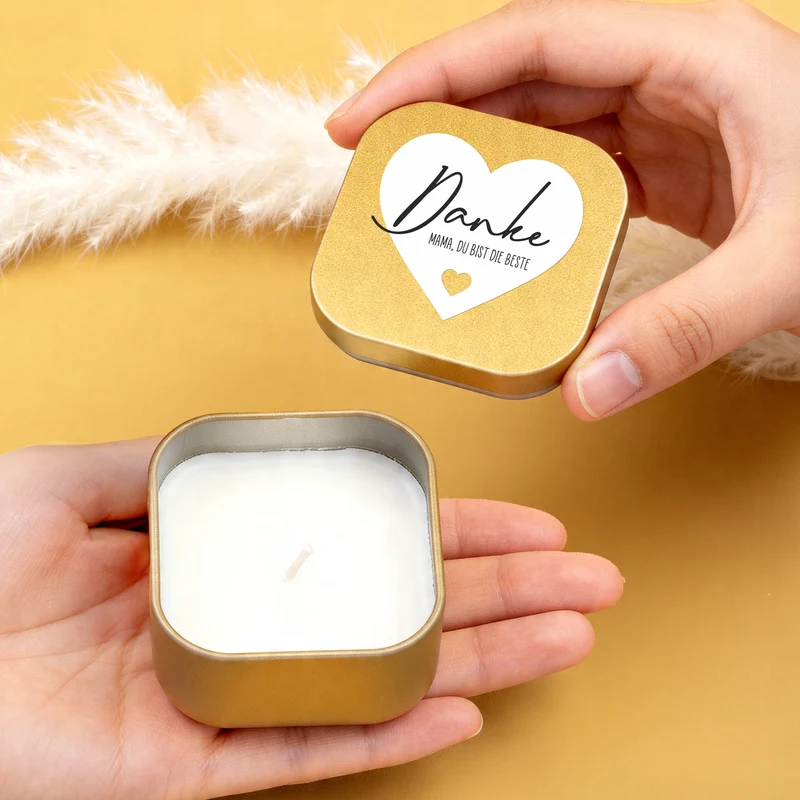Duftkerze mit Vanilleduft als personalisiertes Dankeschön Geschenk mit Herz in Gold oder Rosé