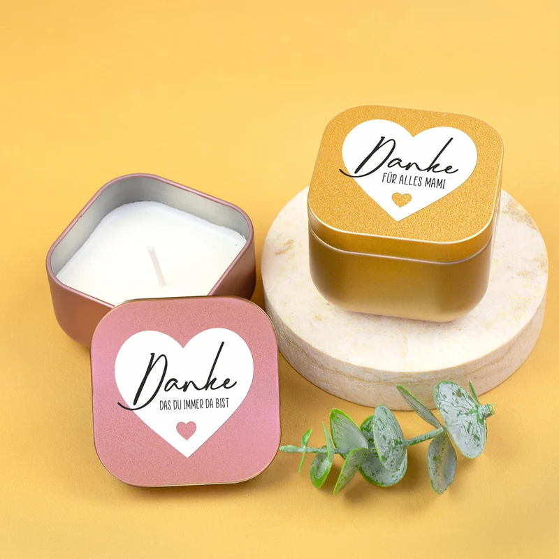 Duftkerze mit Vanilleduft als personalisiertes Dankeschön Geschenk mit Herz in Gold oder Rosé