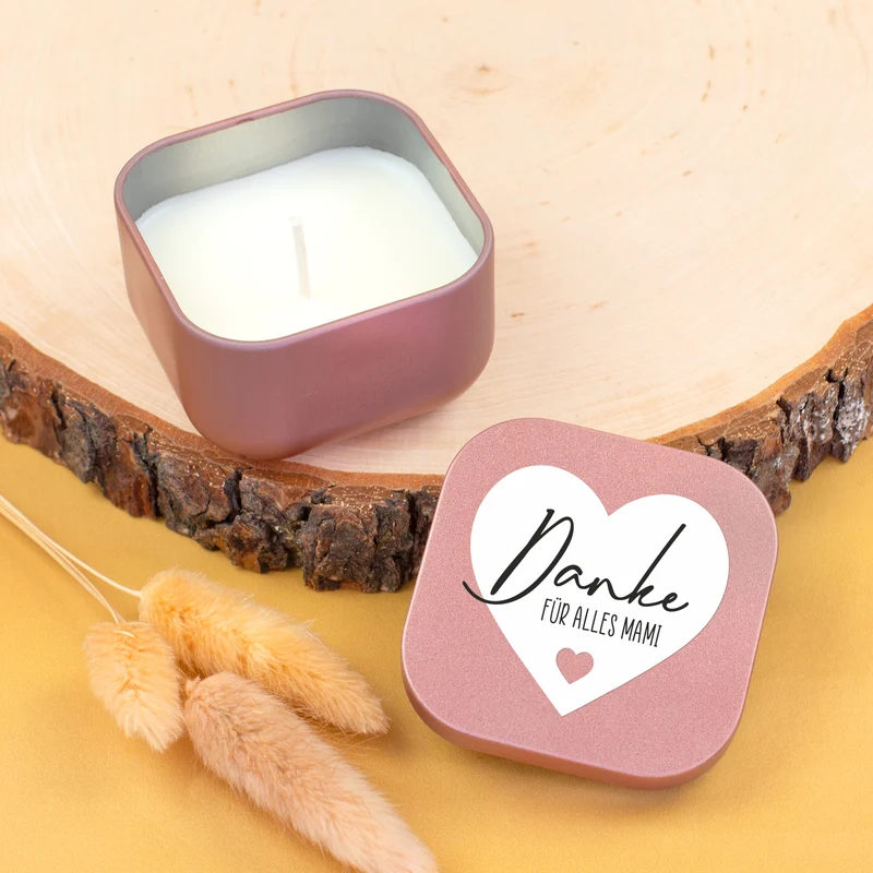 Duftkerze mit Vanilleduft als personalisiertes Dankeschön Geschenk mit Herz in Gold oder Rosé
