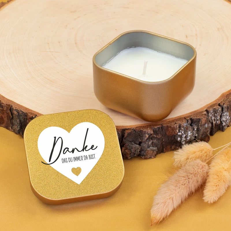 Duftkerze mit Vanilleduft als personalisiertes Dankeschön Geschenk mit Herz in Gold oder Rosé