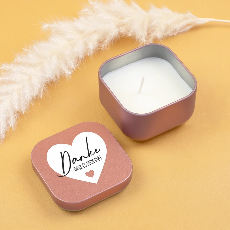 Duftkerze mit Vanilleduft als personalisiertes Dankeschön Geschenk mit Herz in Gold oder Rosé