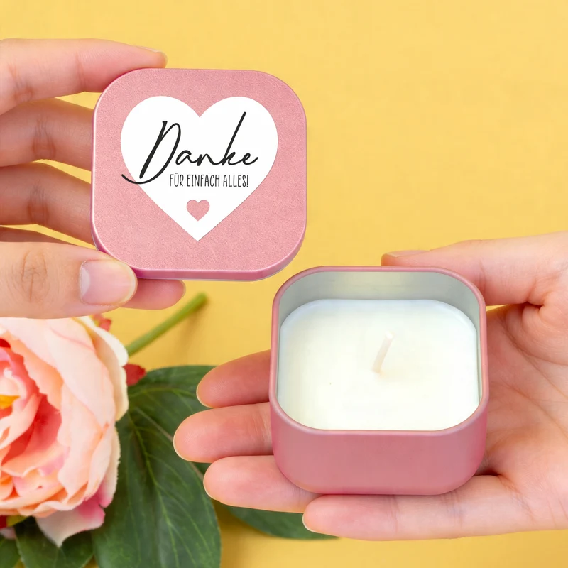 Duftkerze mit Vanilleduft als personalisiertes Dankeschön Geschenk mit Herz in Gold oder Rosé