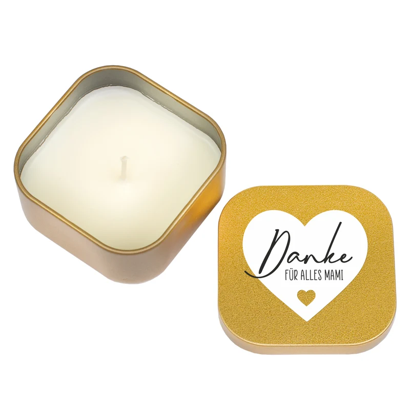 Duftkerze mit Vanilleduft als personalisiertes Dankeschön Geschenk mit Herz in Gold oder Rosé