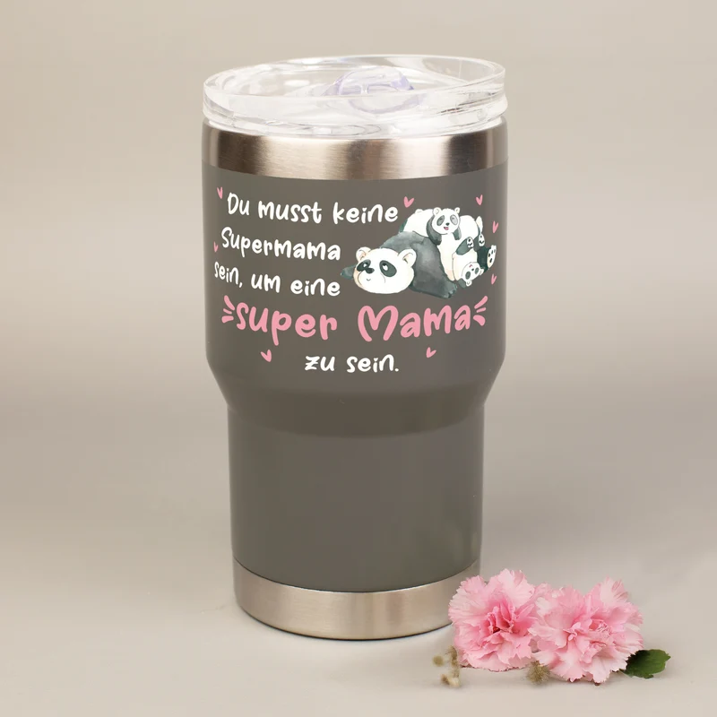 Thermobecher - Super Mama - mit Panda Motiv | Kaffeebecher Coffee to go 350ml für Muttertag in grau & beige