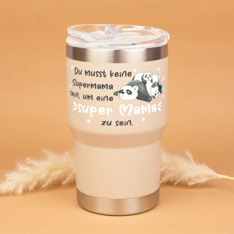 Thermobecher - Super Mama - mit Panda Motiv | Kaffeebecher Coffee to go 350ml für Muttertag in grau & beige