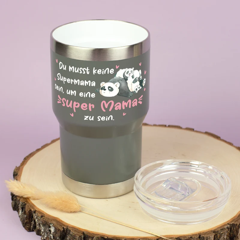 Thermobecher - Super Mama - mit Panda Motiv | Kaffeebecher Coffee to go 350ml für Muttertag in grau & beige