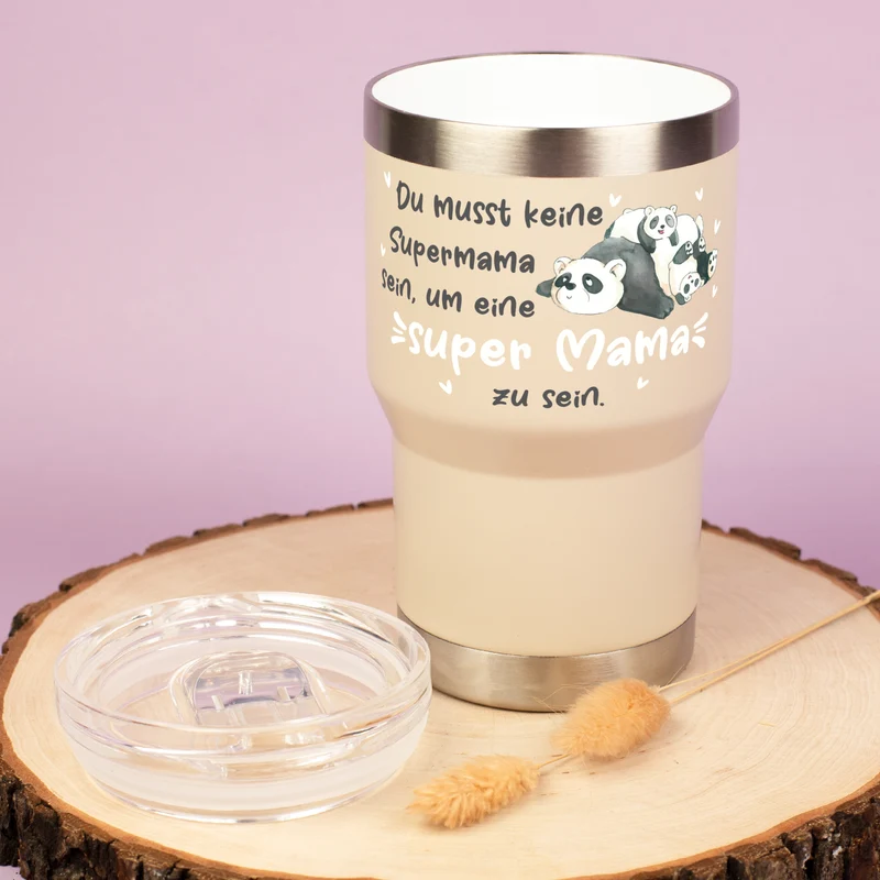 Thermobecher - Super Mama - mit Panda Motiv | Kaffeebecher Coffee to go 350ml für Muttertag in grau & beige