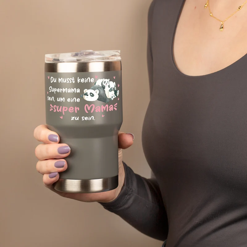 Thermobecher - Super Mama - mit Panda Motiv | Kaffeebecher Coffee to go 350ml für Muttertag in grau & beige