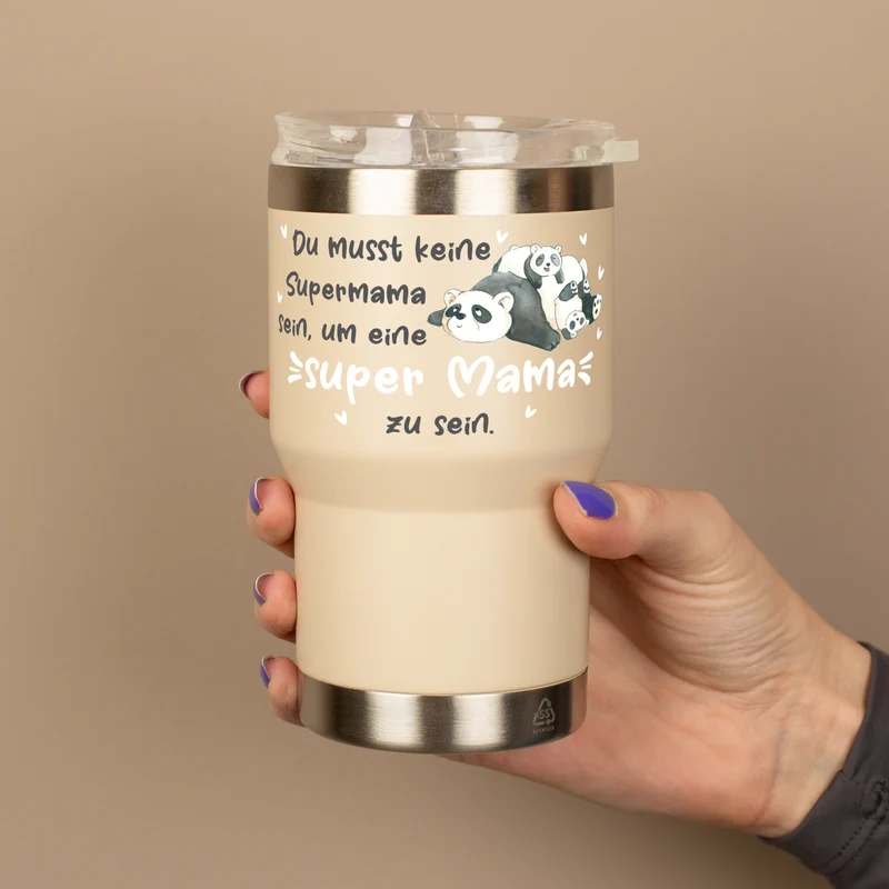 Thermobecher - Super Mama - mit Panda Motiv | Kaffeebecher Coffee to go 350ml für Muttertag in grau & beige