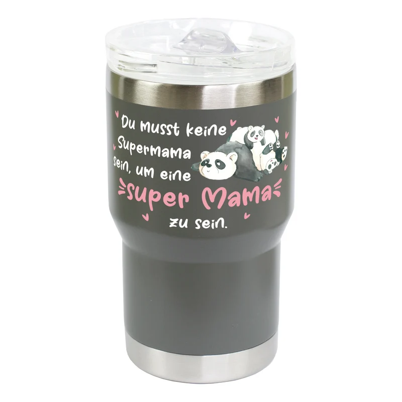 Thermobecher - Super Mama - mit Panda Motiv | Kaffeebecher Coffee to go 350ml für Muttertag in grau & beige