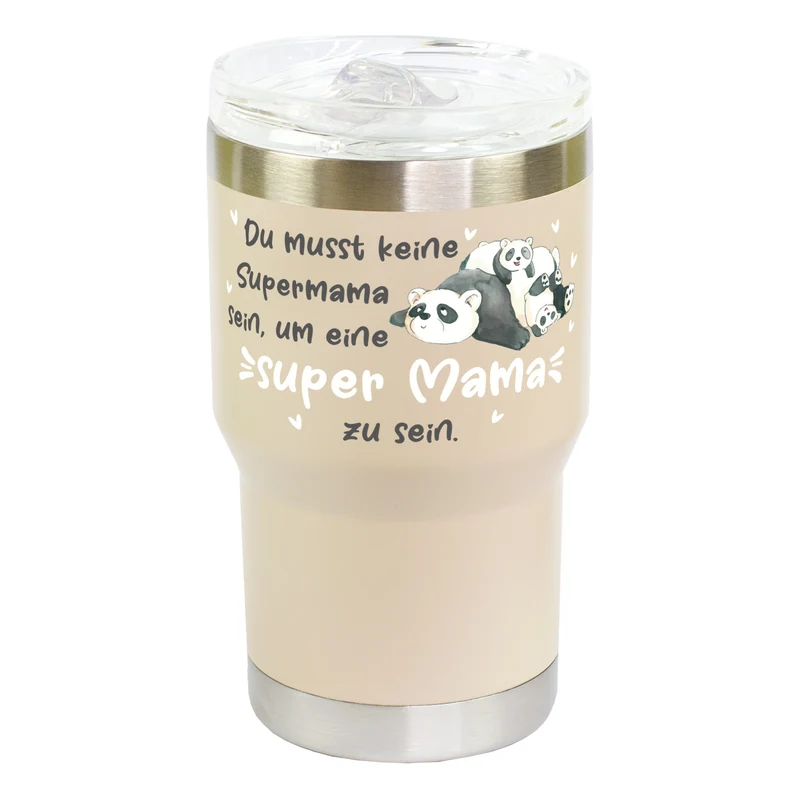 Thermobecher - Super Mama - mit Panda Motiv | Kaffeebecher Coffee to go 350ml für Muttertag in grau & beige