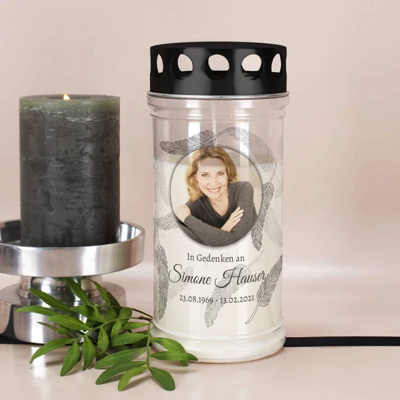 Trauer-Grablicht mit Foto und Federmotiv