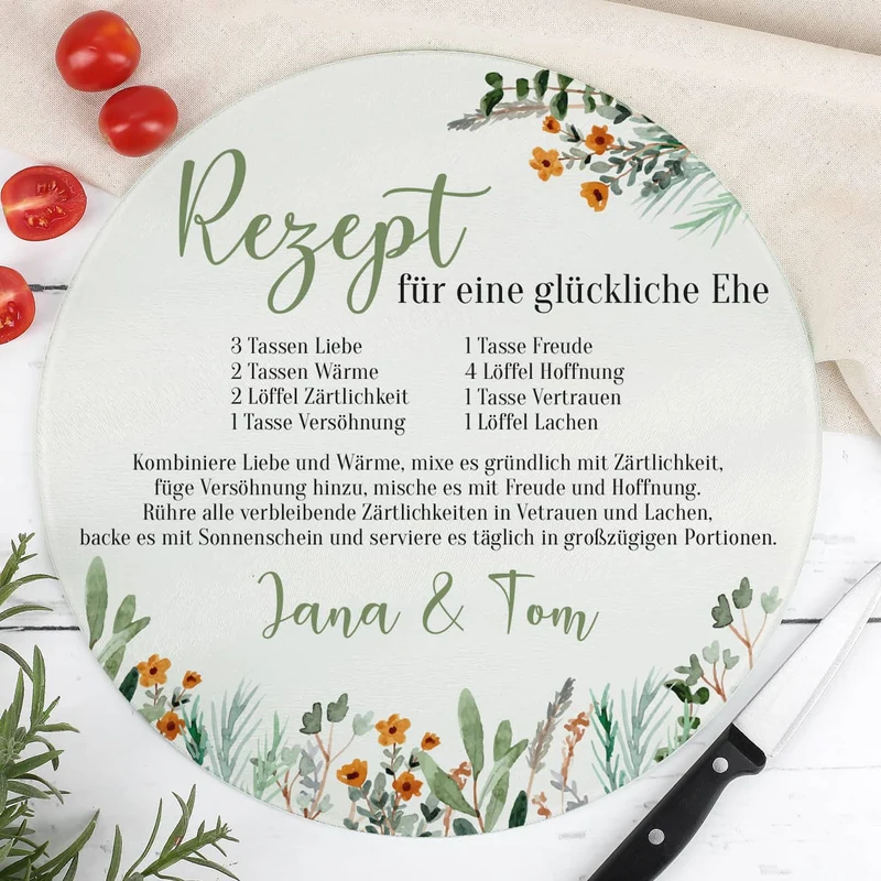 Rundes Glasbrettchen mit Rezept für eine glückliche Ehe und Ihren Wunschnamen