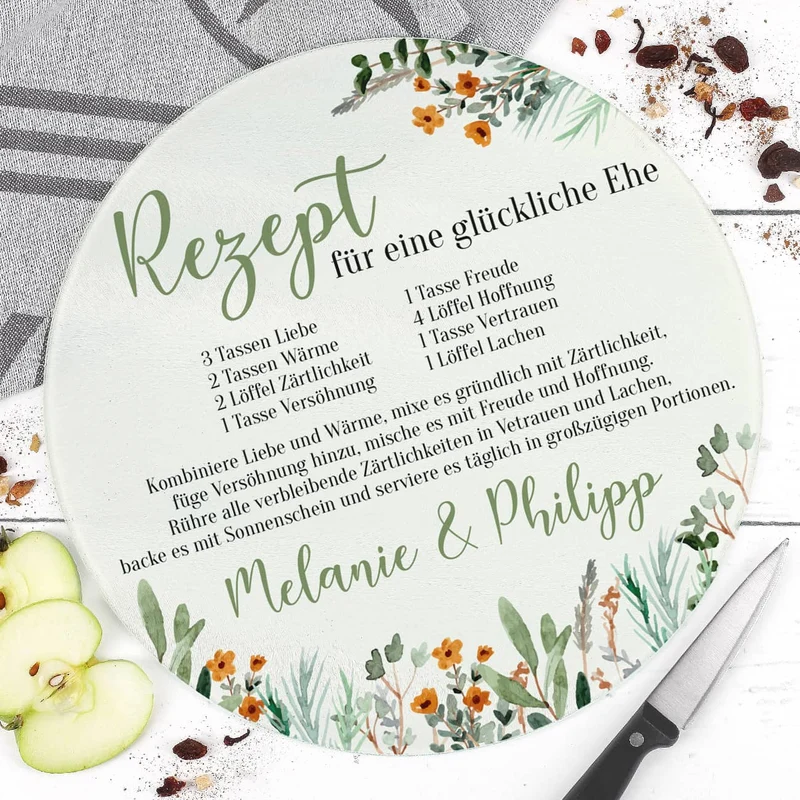 Rundes Glasbrettchen mit Rezept für eine glückliche Ehe und Ihren Wunschnamen