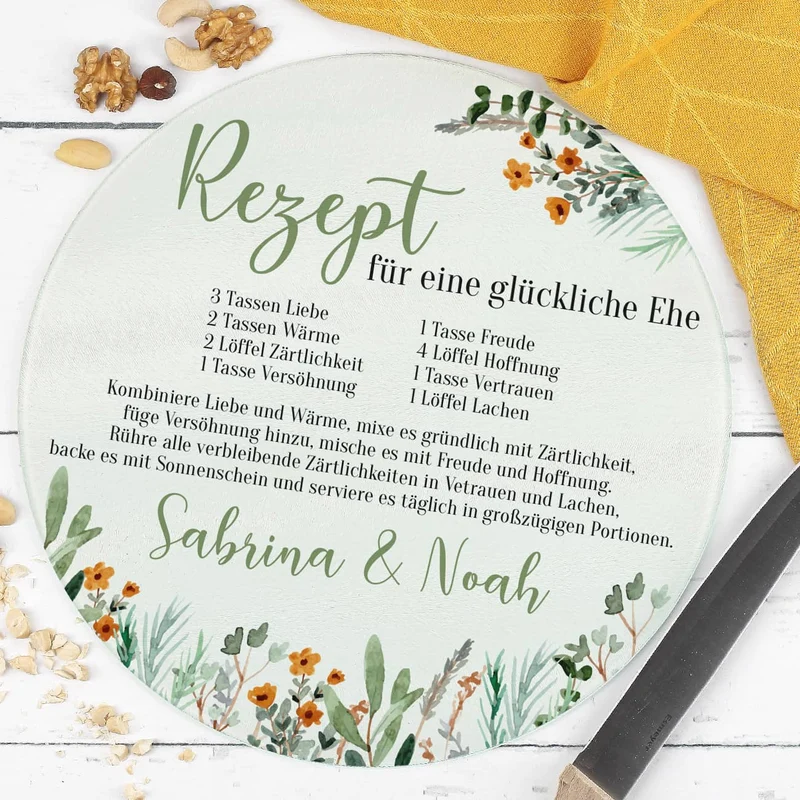 Rundes Glasbrettchen mit Rezept für eine glückliche Ehe und Ihren Wunschnamen