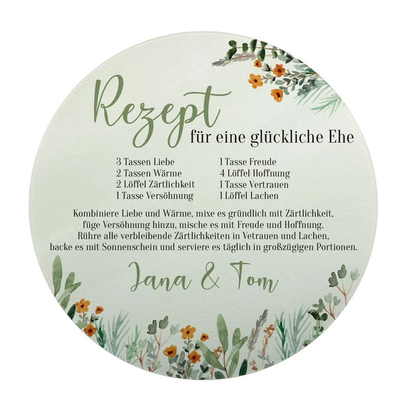Rundes Glasbrettchen mit Rezept für eine glückliche Ehe und Ihren Wunschnamen