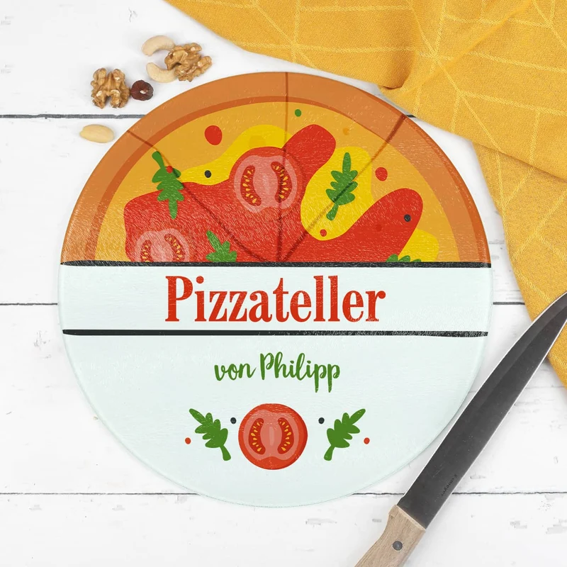 Pizzaglasteller bedruckt mit Pizzamotiv und Wunschtext