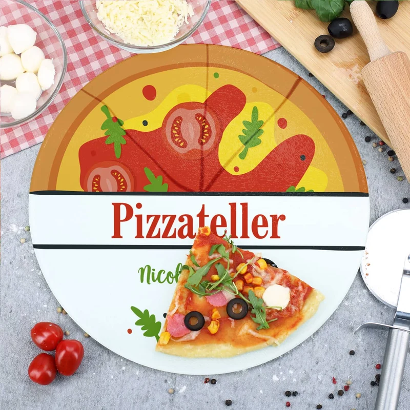 Pizzaglasteller bedruckt mit Pizzamotiv und Wunschtext