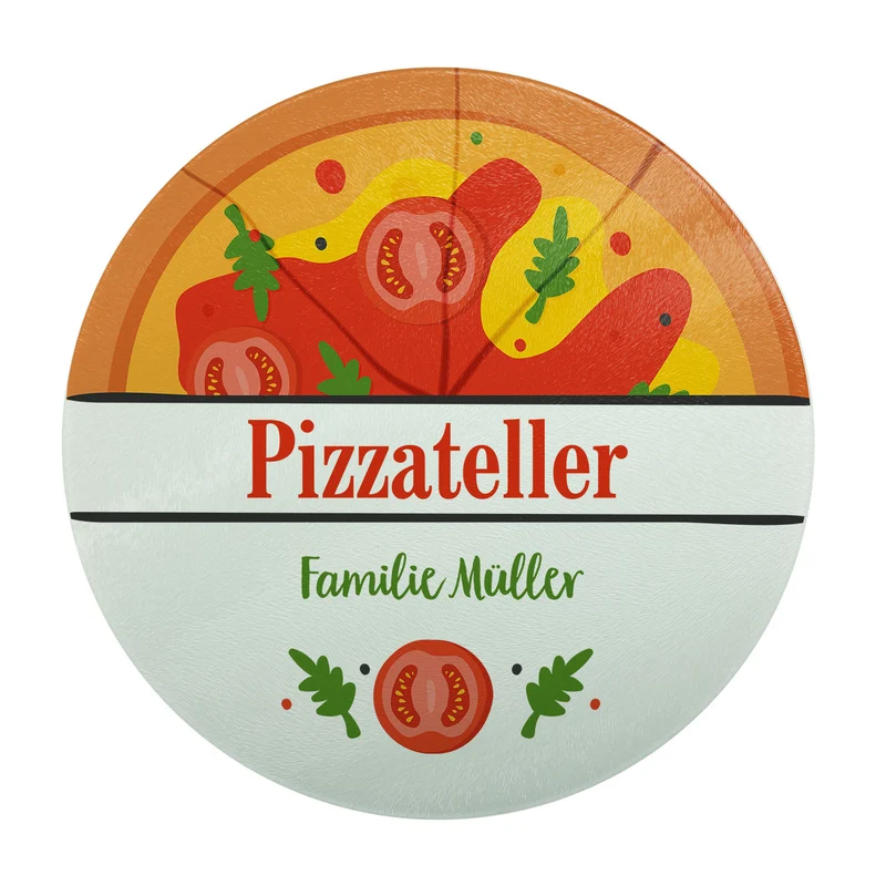 Pizzaglasteller bedruckt mit Pizzamotiv und Wunschtext