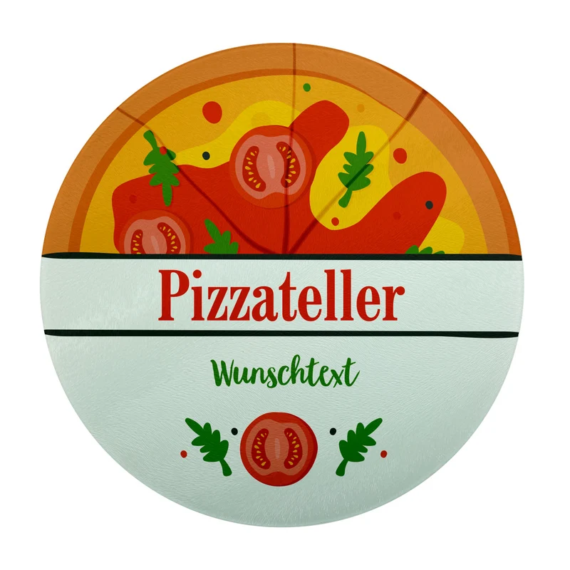 Pizzaglasteller bedruckt mit Pizzamotiv und Wunschtext