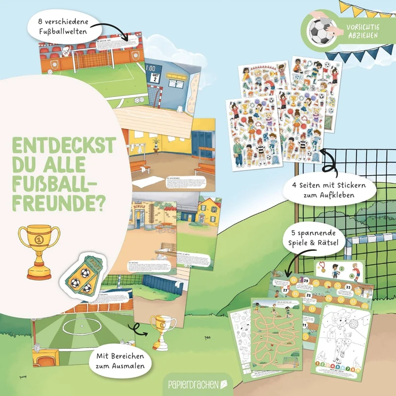 Papierdrachen Mein kreatives Fußballwelt Heft - Malen, Rätseln, Stickern