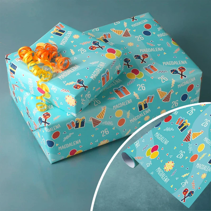 Geschenkpapier mit Geburtstagsmotiv, Name und Alter