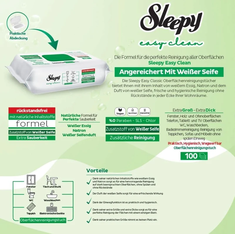 Sleepy Easy Clean Oberflächenreinigungstuch, weißer Essig, Backpulver und weißer Seifenduft hinzugefügt, 600 Stück (6 Packungen mit 100)