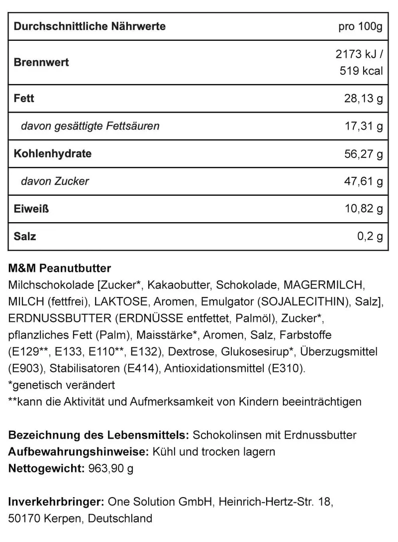M&Ms Schokolinsen Erdnussbutter 963g