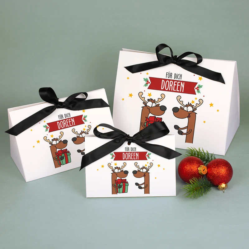 Personalisierte Geschenktasche mit Rentiermotiv & Schleife | Edle Geschenkverpackung zu Weihnachten