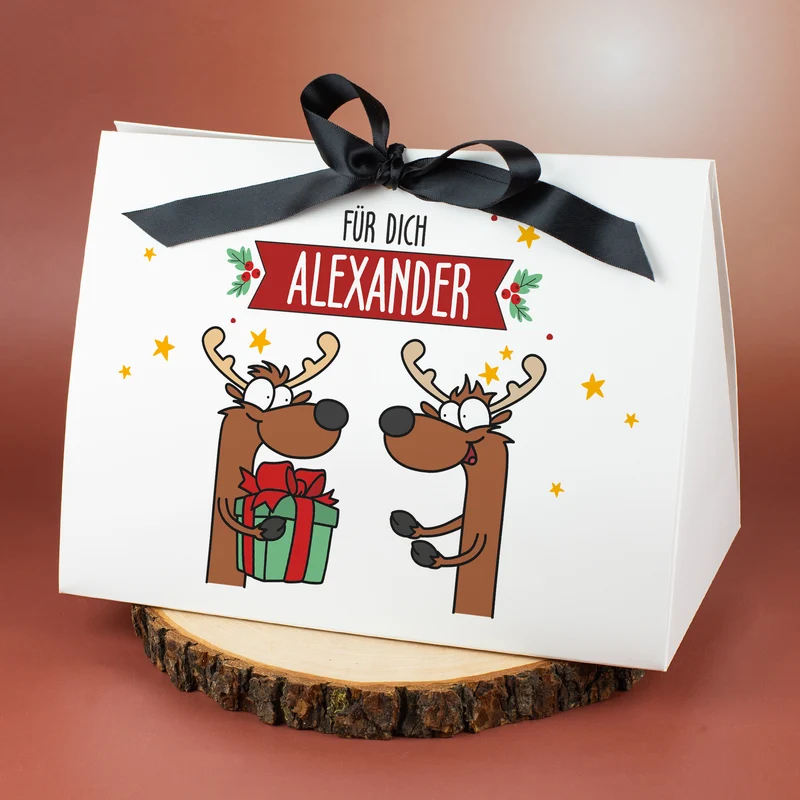 Personalisierte Geschenktasche mit Rentiermotiv & Schleife | Edle Geschenkverpackung zu Weihnachten