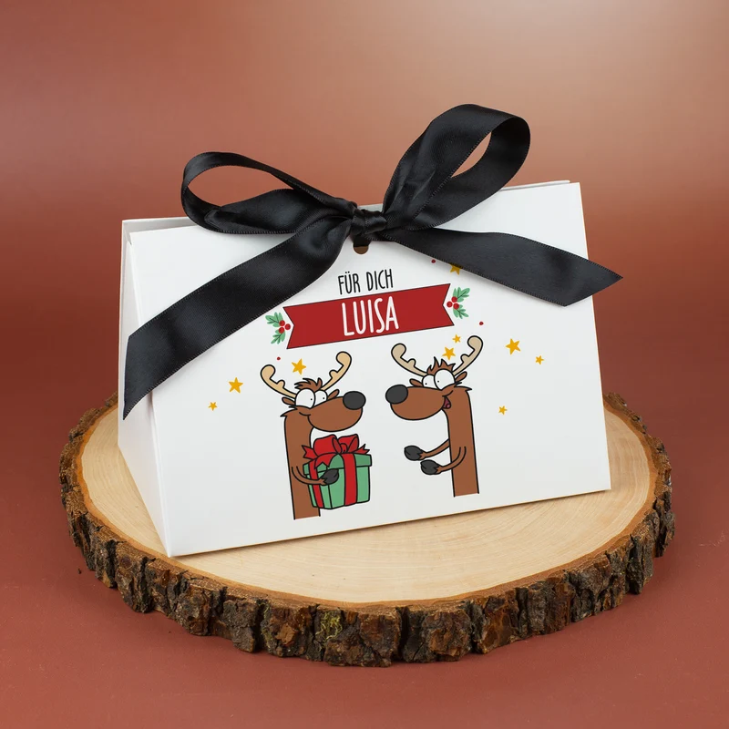 Personalisierte Geschenktasche mit Rentiermotiv & Schleife | Edle Geschenkverpackung zu Weihnachten