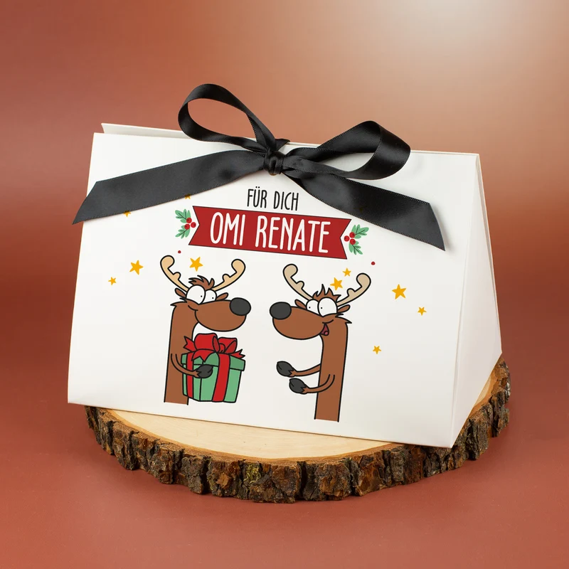 Personalisierte Geschenktasche mit Rentiermotiv & Schleife | Edle Geschenkverpackung zu Weihnachten