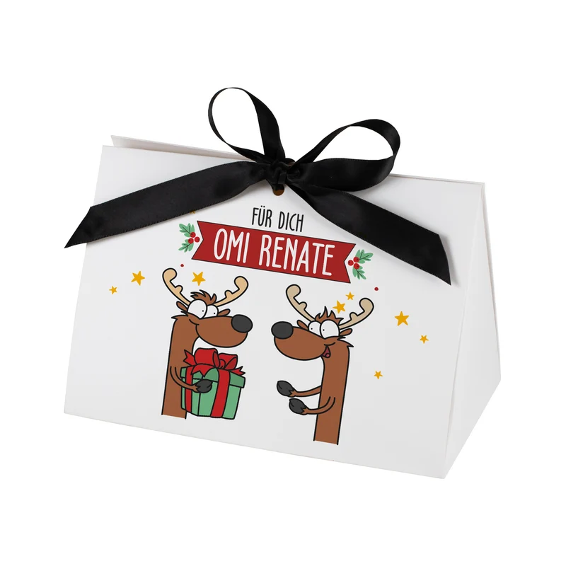 Personalisierte Geschenktasche mit Rentiermotiv & Schleife | Edle Geschenkverpackung zu Weihnachten