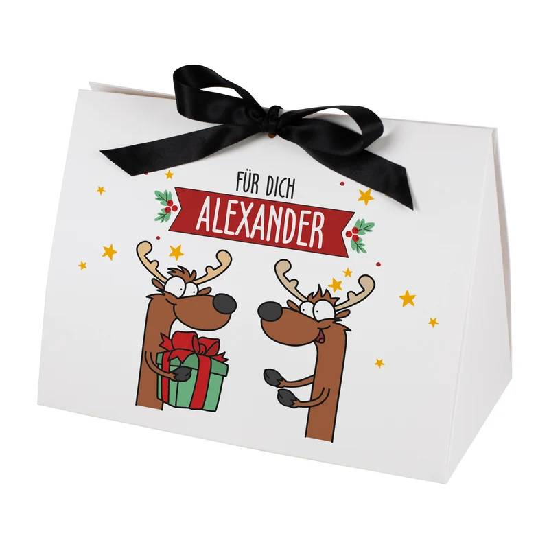 Personalisierte Geschenktasche mit Rentiermotiv & Schleife | Edle Geschenkverpackung zu Weihnachten