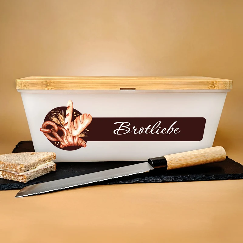 Personalisierter Brotkasten mit Messer, Bambus Schneidebrett & Wunschtext mit Bäcker-Motiv
