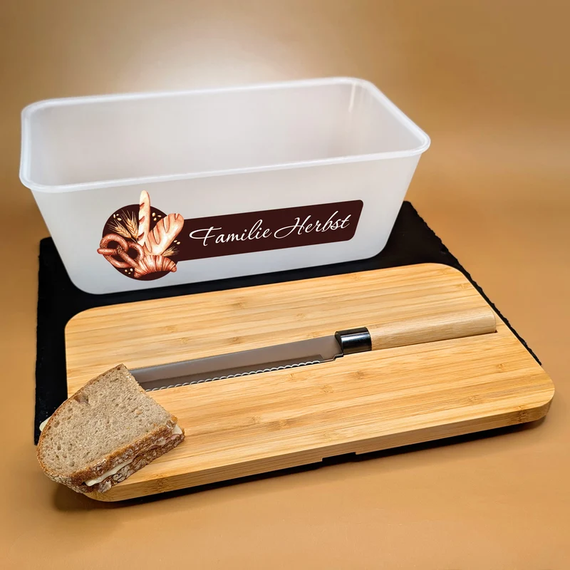 Personalisierter Brotkasten mit Messer, Bambus Schneidebrett & Wunschtext mit Bäcker-Motiv