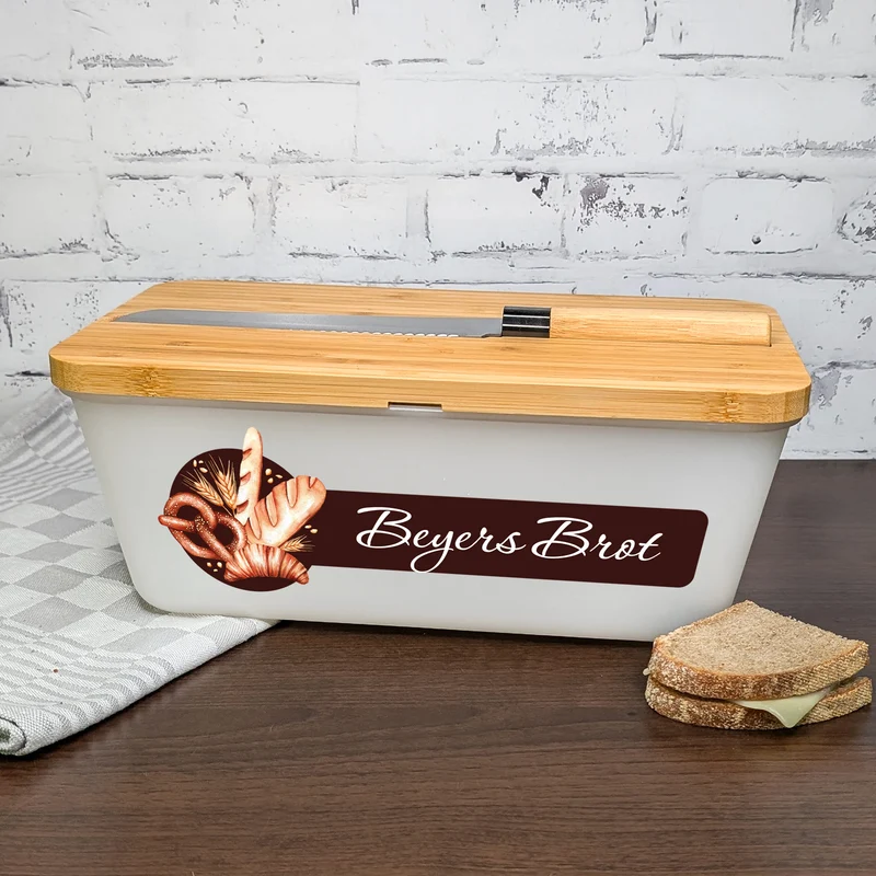 Personalisierter Brotkasten mit Messer, Bambus Schneidebrett & Wunschtext mit Bäcker-Motiv