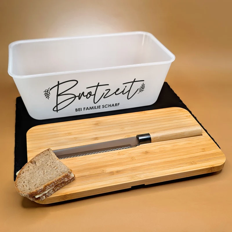 Brotkasten mit Messer & Bambus Schneidebrett | Personalisiert mit Wunschtext für die Küche