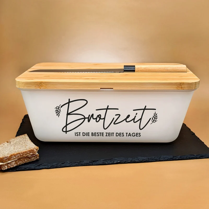 Brotkasten mit Messer & Bambus Schneidebrett | Personalisiert mit Wunschtext für die Küche