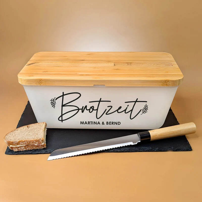Brotkasten mit Messer & Bambus Schneidebrett | Personalisiert mit Wunschtext für die Küche