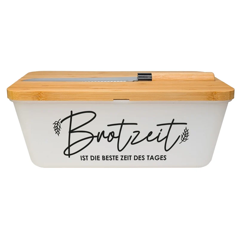 Brotkasten mit Messer & Bambus Schneidebrett | Personalisiert mit Wunschtext für die Küche