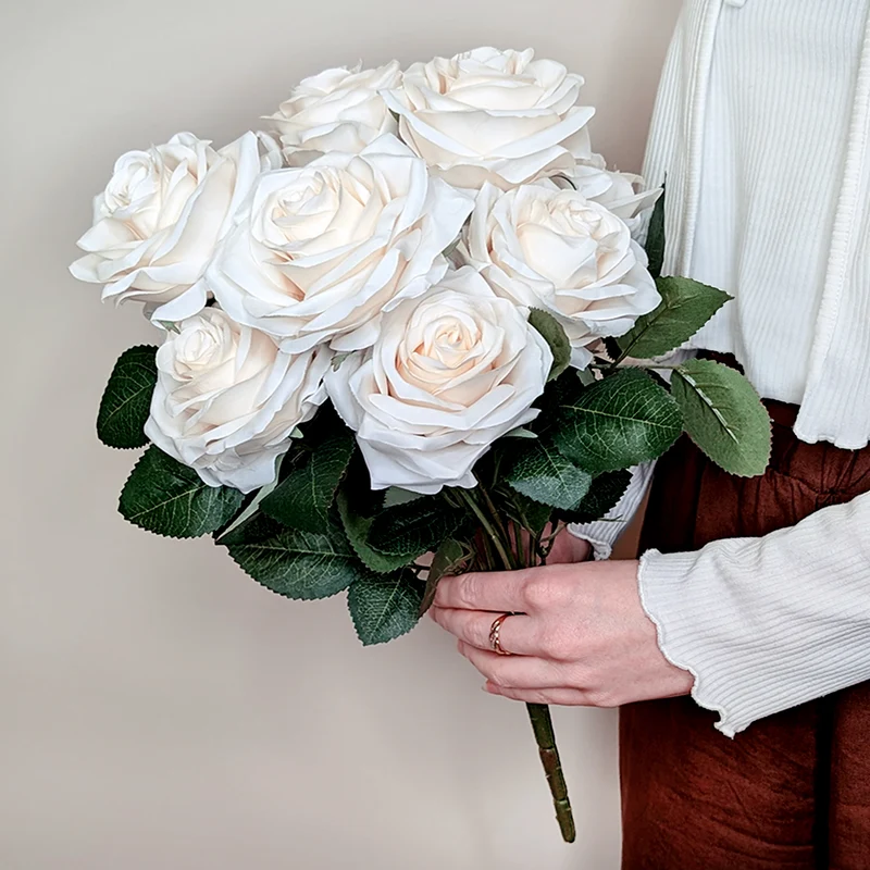 Hochwertiger Kunstblumenstrauß Rosen – Rosa Dijon | Cremeweiß | 10 Seidenblumen | 42 cm