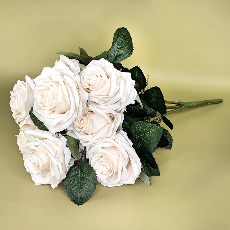 Hochwertiger Kunstblumenstrauß Rosen – Rosa Dijon | Cremeweiß | 10 Seidenblumen | 42 cm