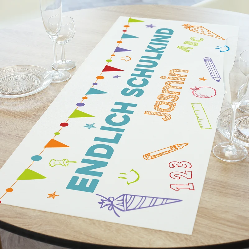 Personalisierter Tischläufer zur Einschulung mit Name | Endlich Schulkind | 2 Größen